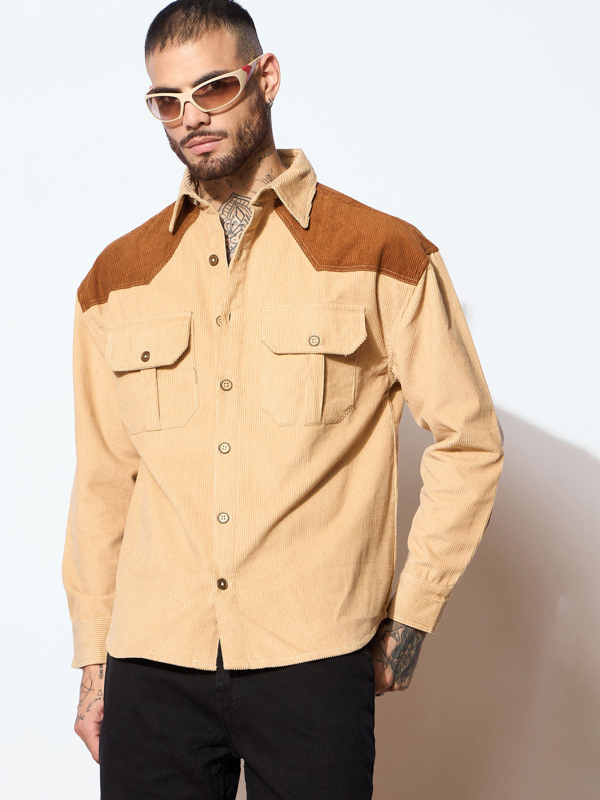 Beige & Brown Corduroy Colorblock Oversize Shirt-MASCLN SASSAFRAS