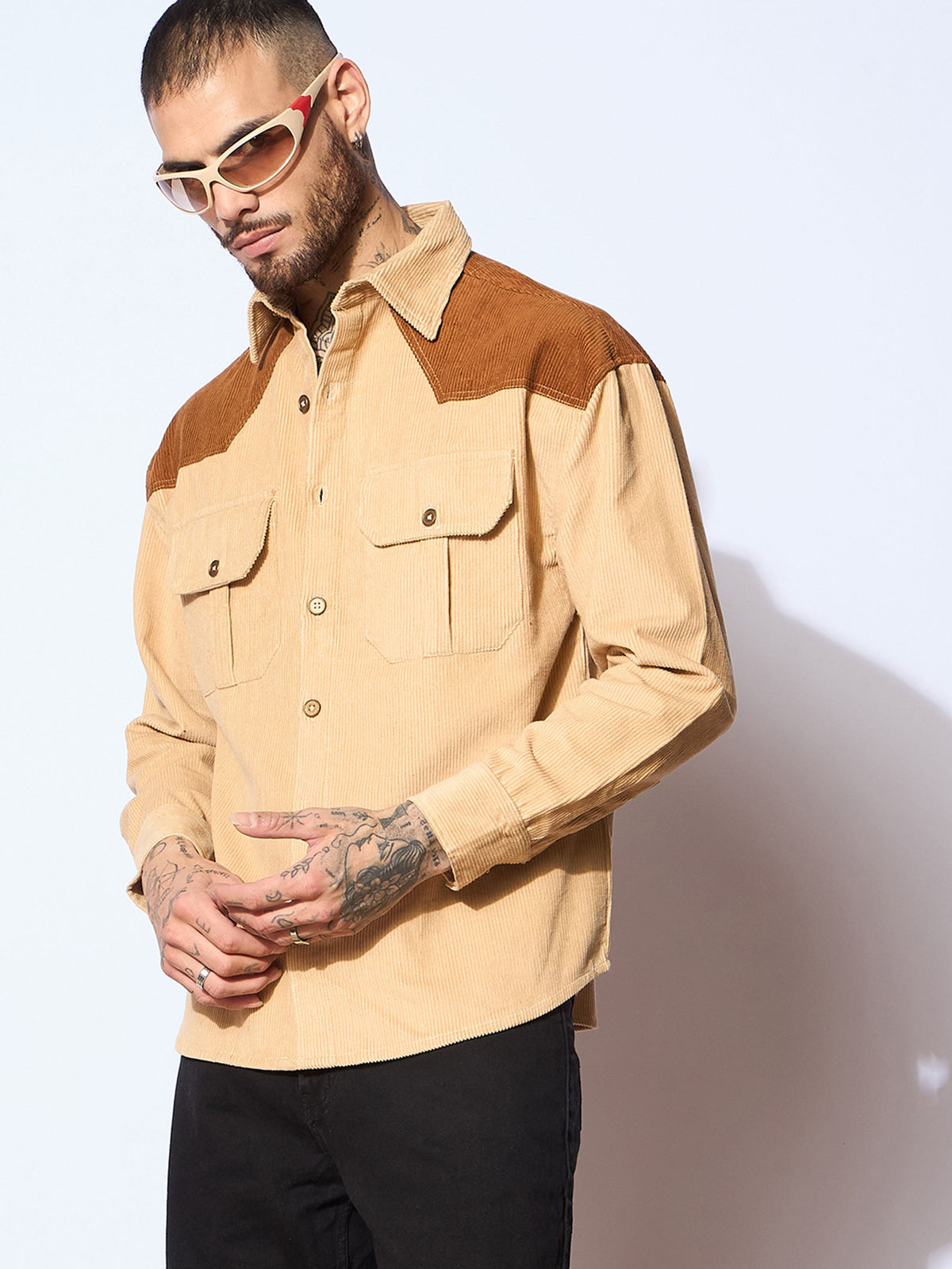 Beige & Brown Corduroy Colorblock Oversize Shirt-MASCLN SASSAFRAS