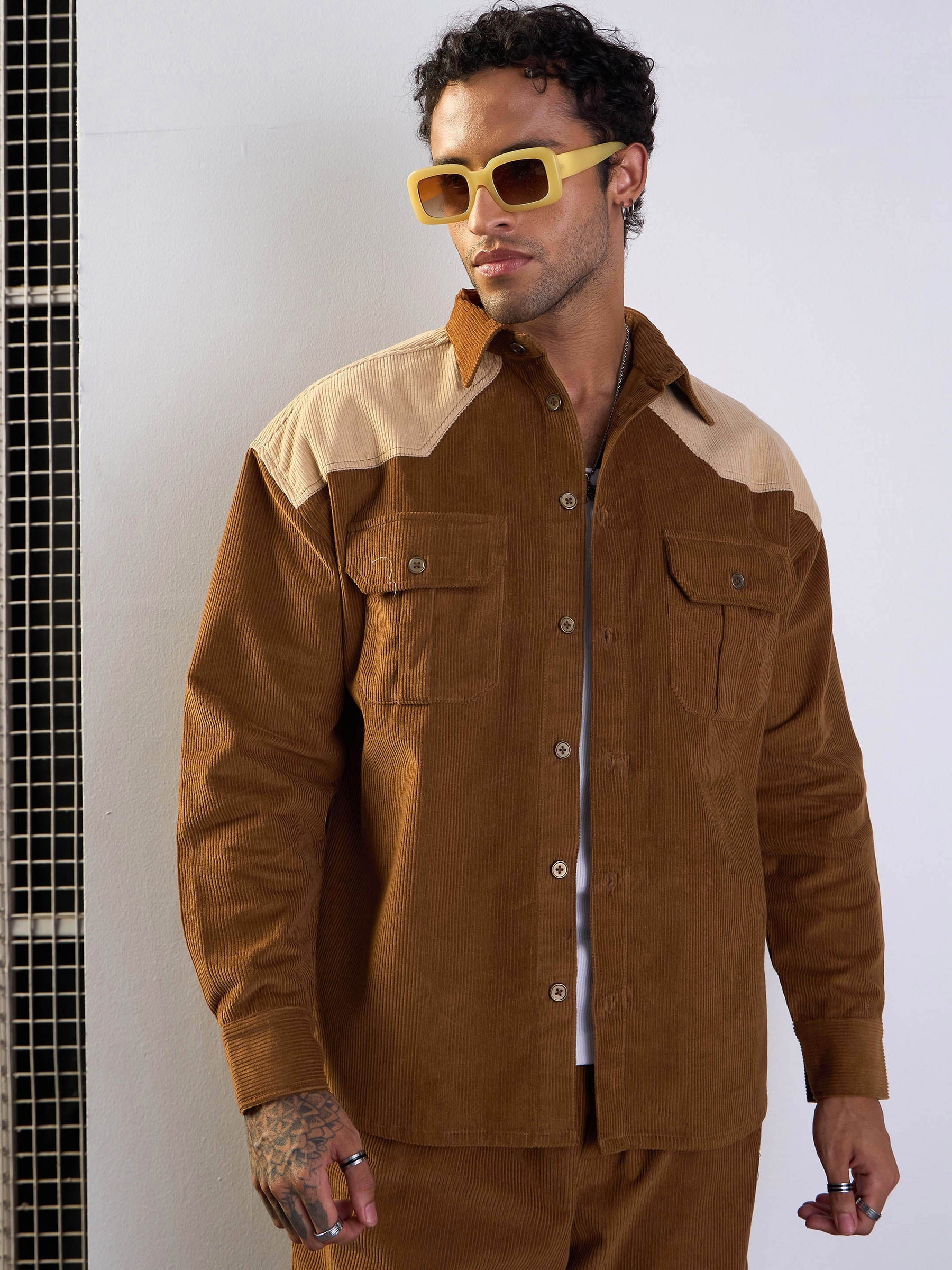 Brown & Beige Corduroy Colourblock Oversize Shirt-MASCLN SASSAFRAS