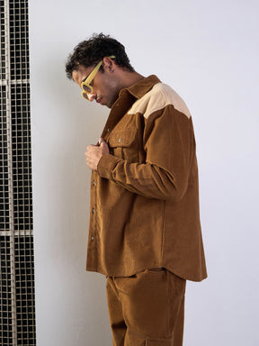 Brown & Beige Corduroy Colourblock Oversize Shirt-MASCLN SASSAFRAS