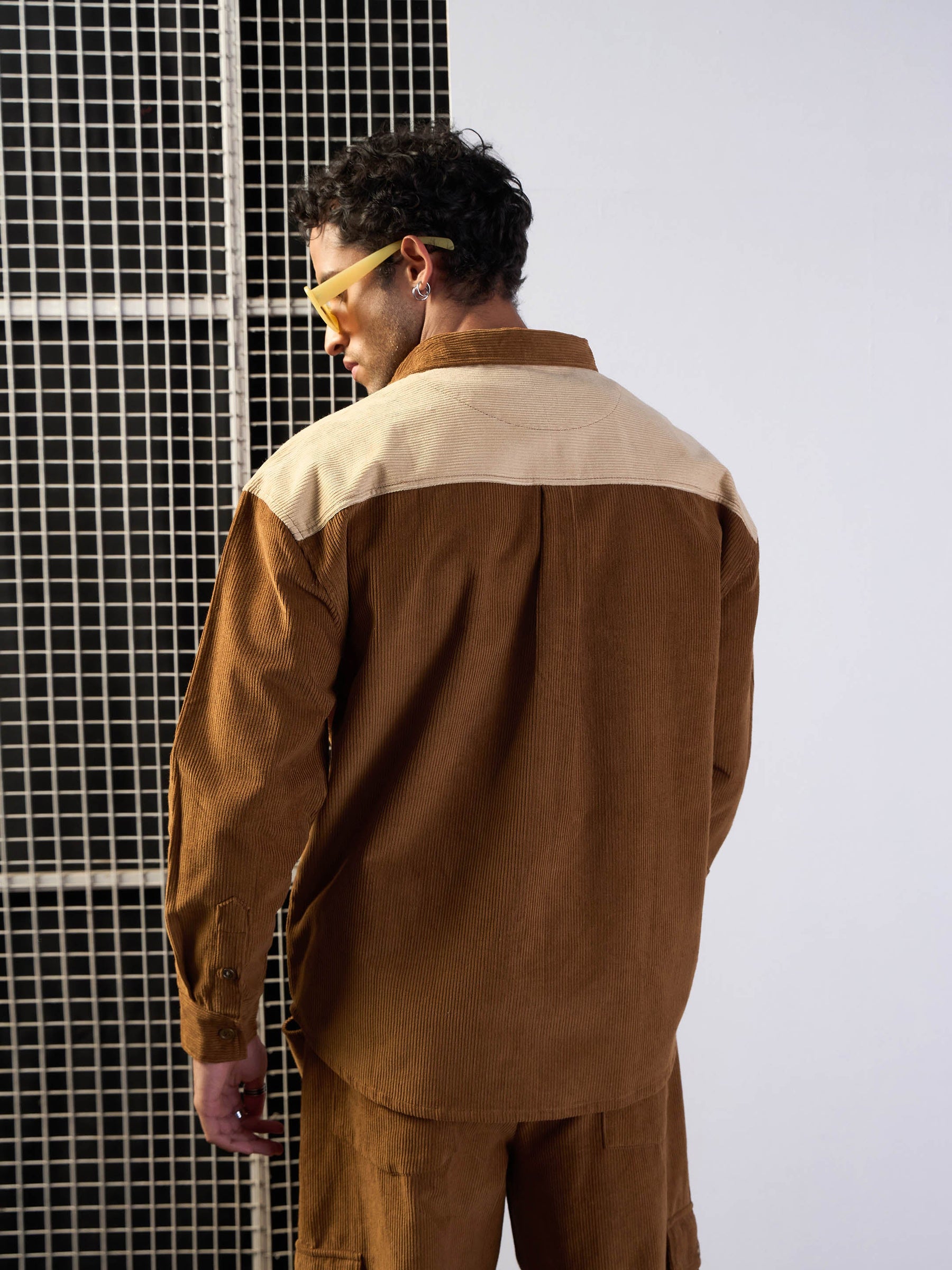 Brown & Beige Corduroy Colourblock Oversize Shirt-MASCLN SASSAFRAS