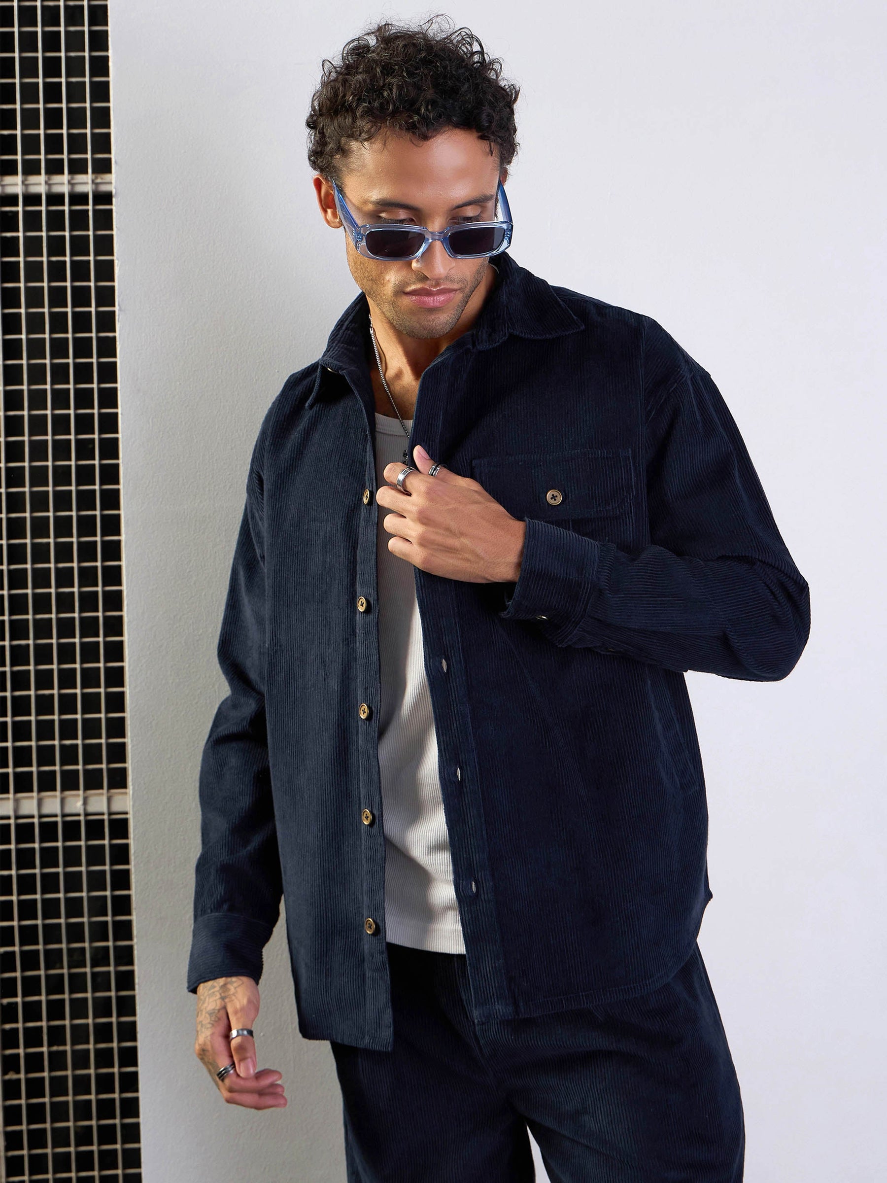 Navy Corduroy Side Pocket Shacket-MASCLN SASSAFRAS