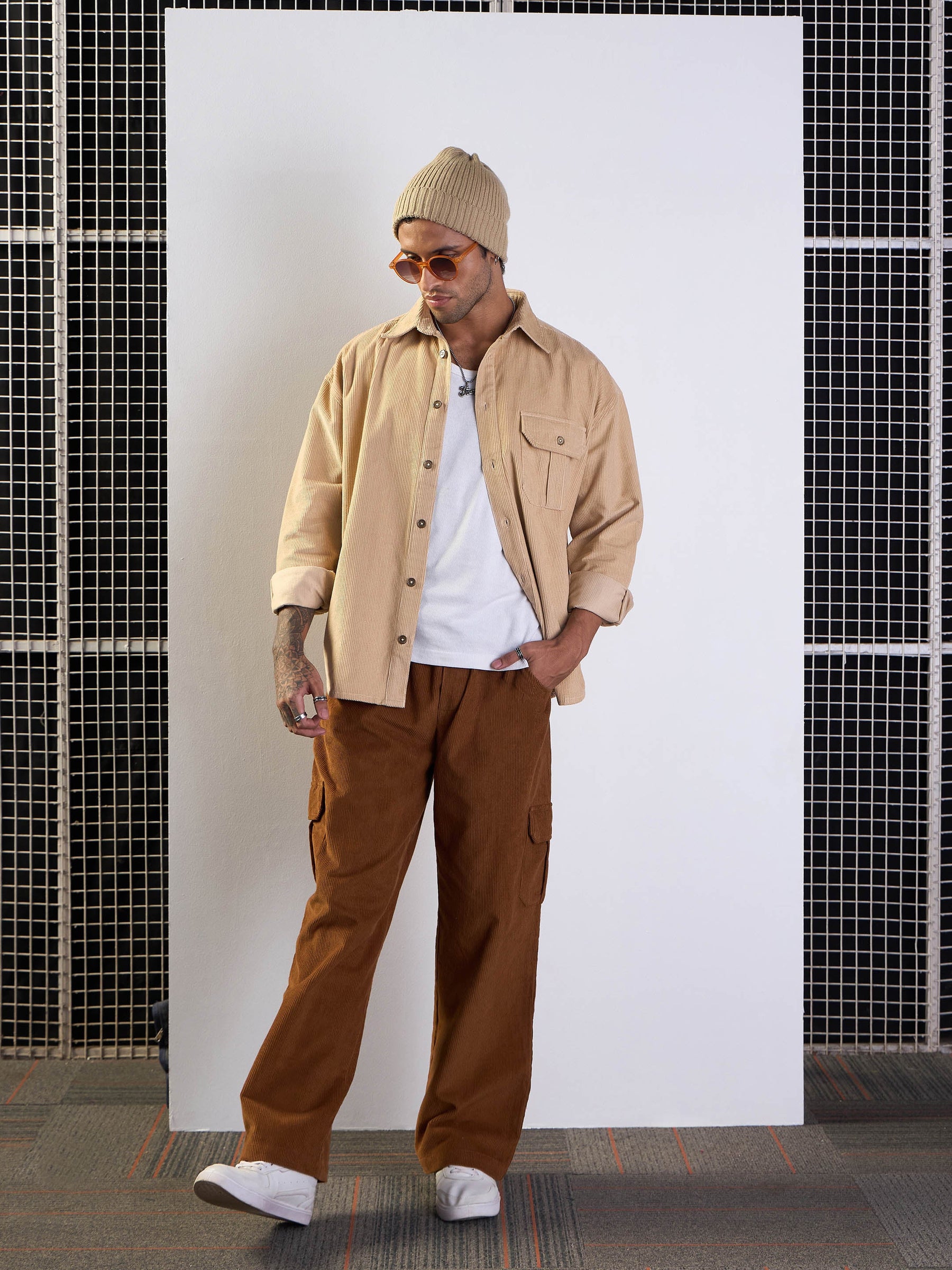 Men Beige Corduroy Side Pocket Shacket - Main Image