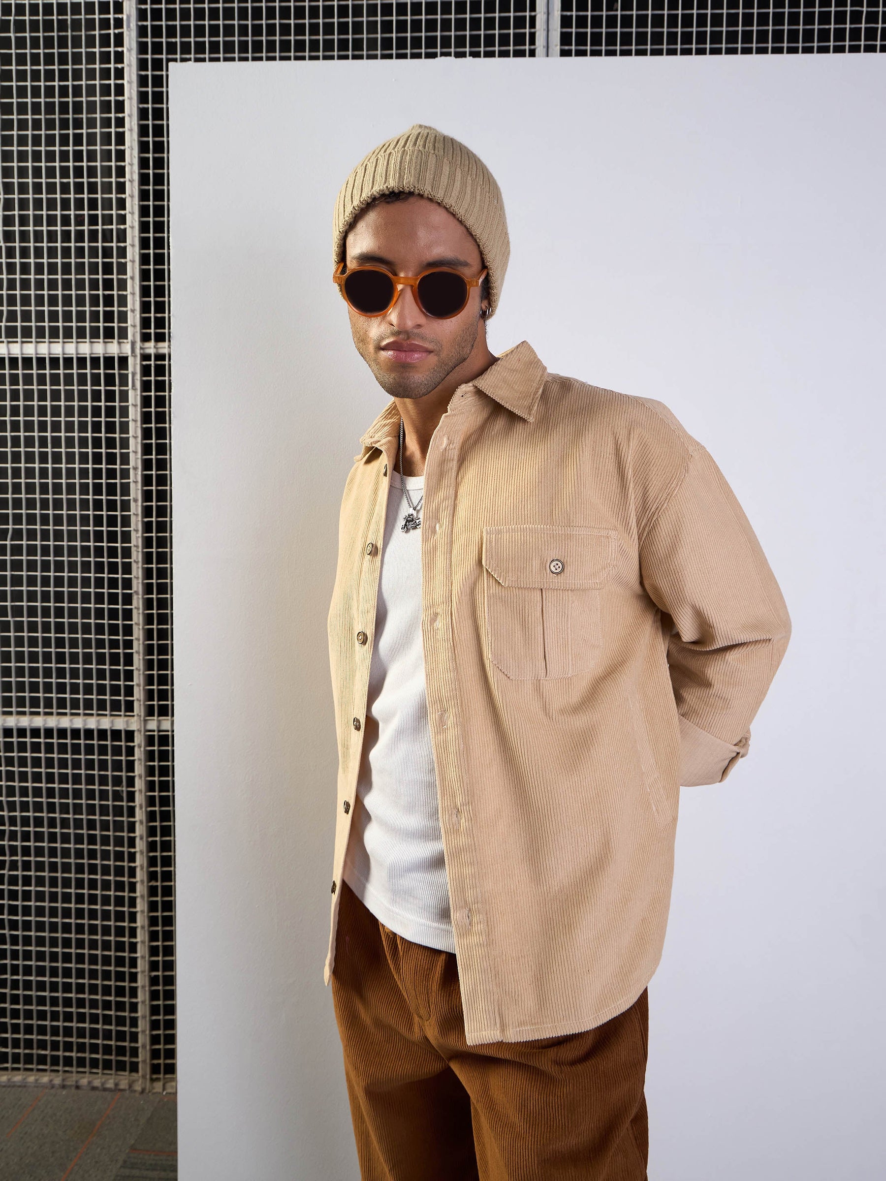 Men Beige Corduroy Side Pocket Shacket - Main Image