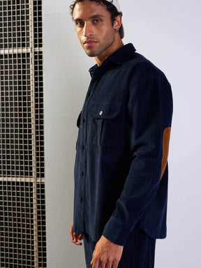 Navy Corduroy Elbow Patch Oversize Shirt-MASCLN SASSAFRAS