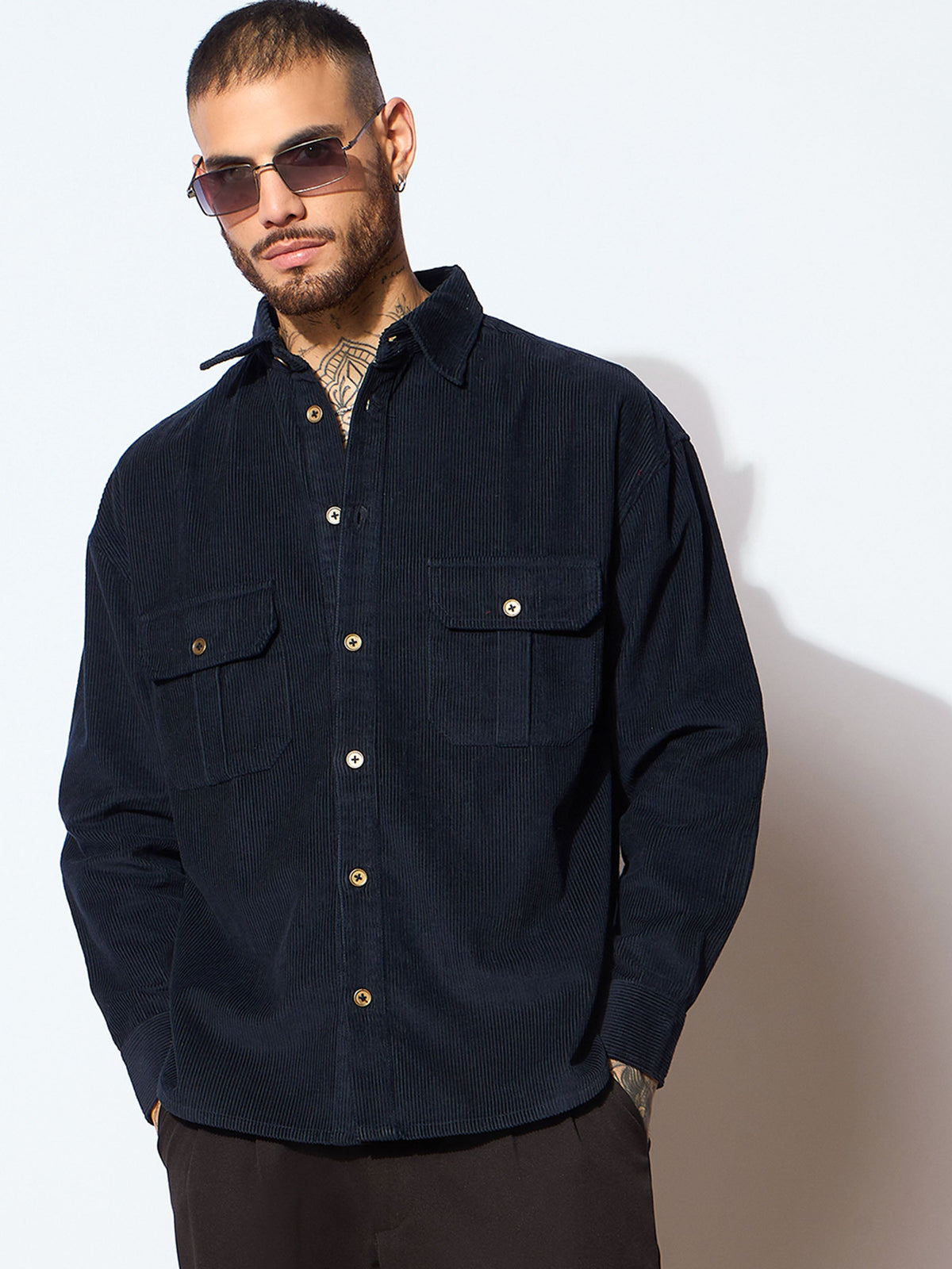 Navy Corduroy Elbow Patch Oversize Shirt-MASCLN SASSAFRAS