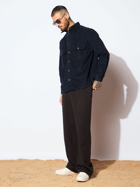 Navy Corduroy Elbow Patch Oversize Shirt-MASCLN SASSAFRAS