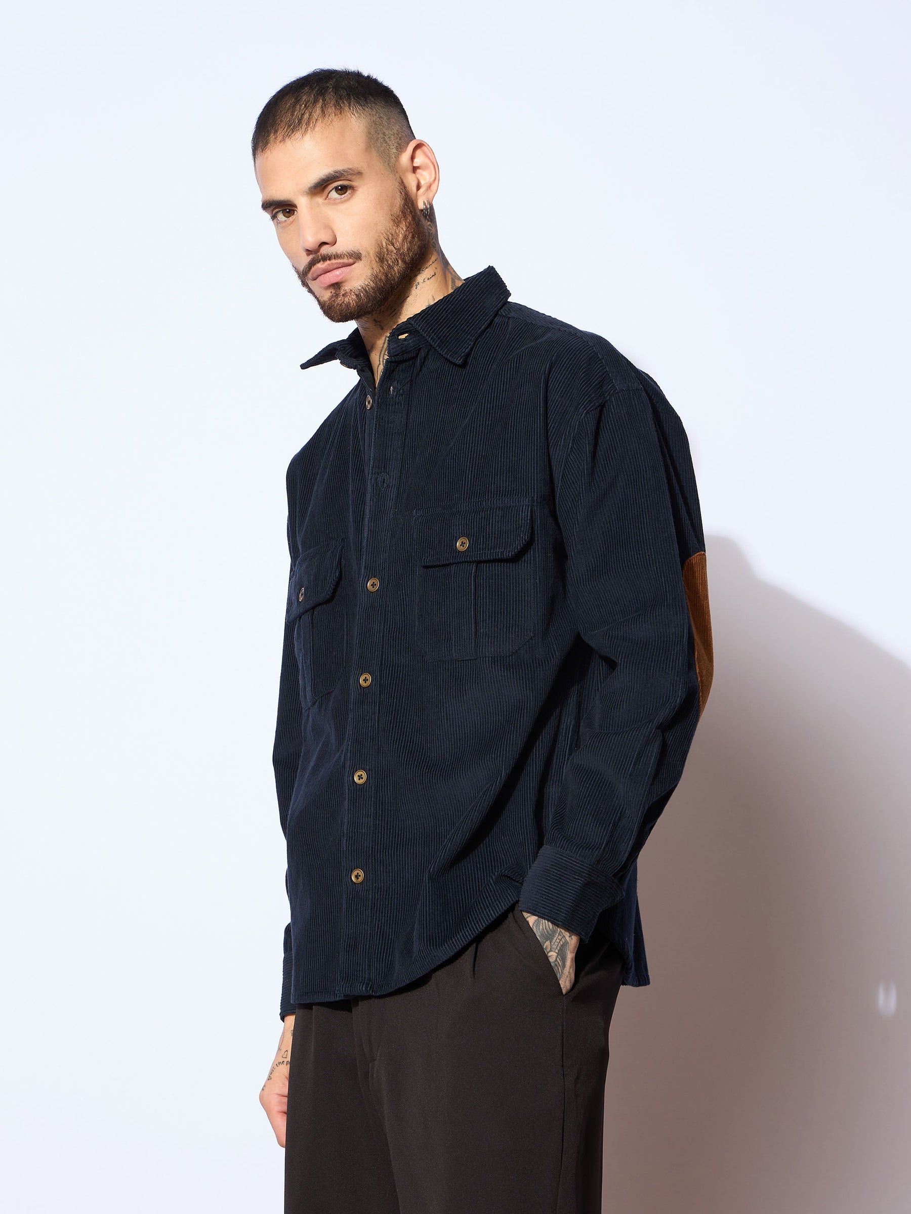 Navy Corduroy Elbow Patch Oversize Shirt-MASCLN SASSAFRAS