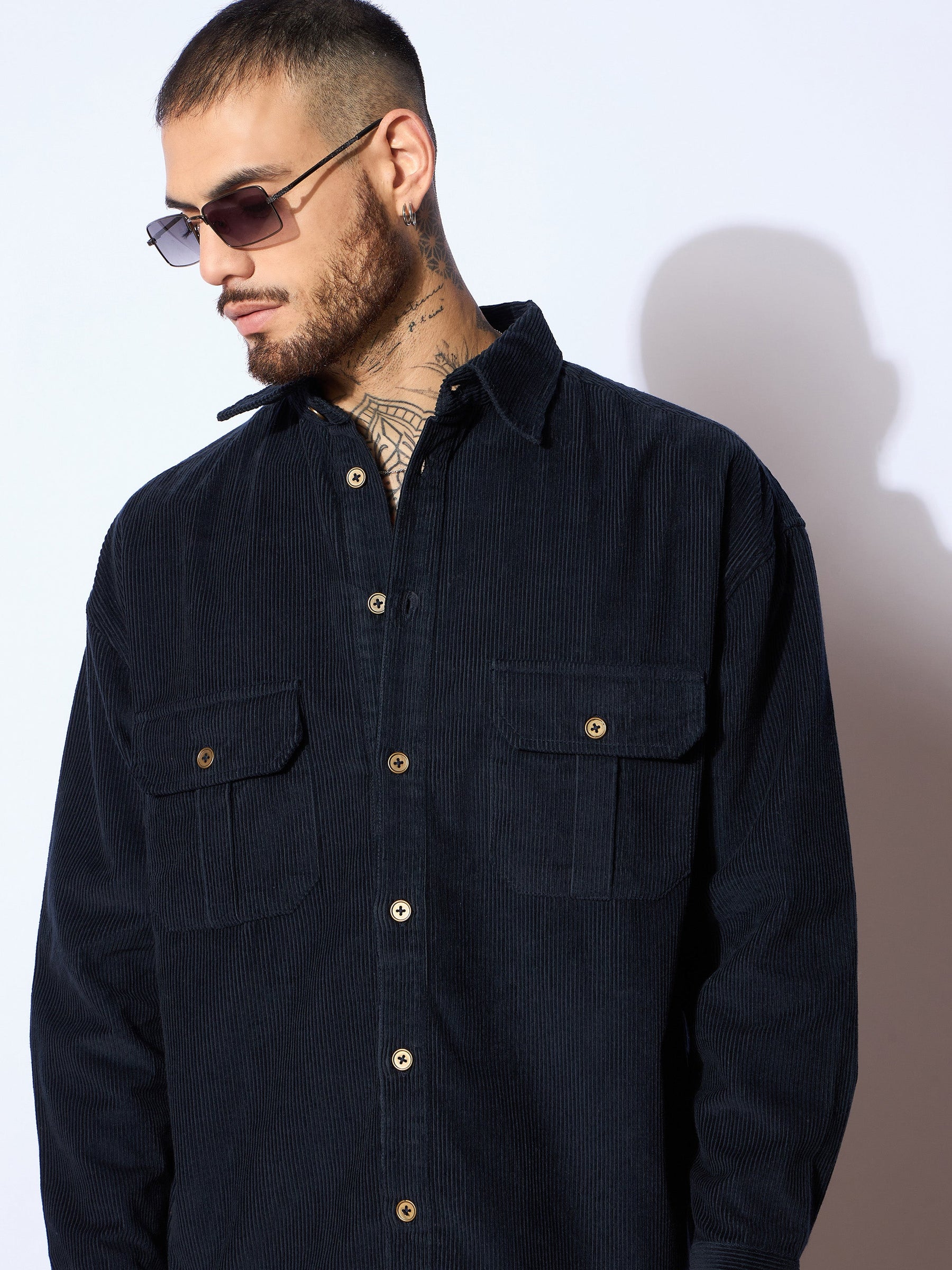 Navy Corduroy Elbow Patch Oversize Shirt-MASCLN SASSAFRAS