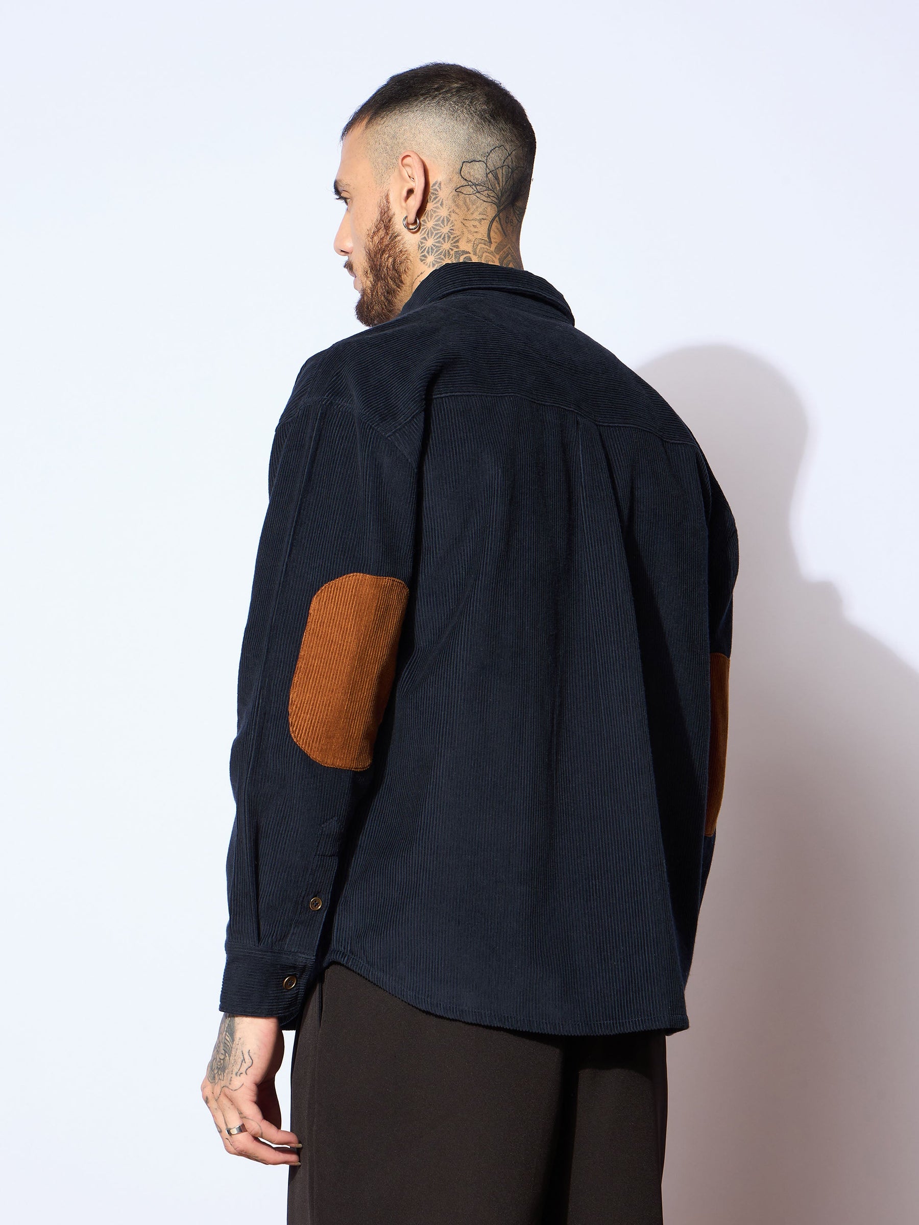 Navy Corduroy Elbow Patch Oversize Shirt-MASCLN SASSAFRAS