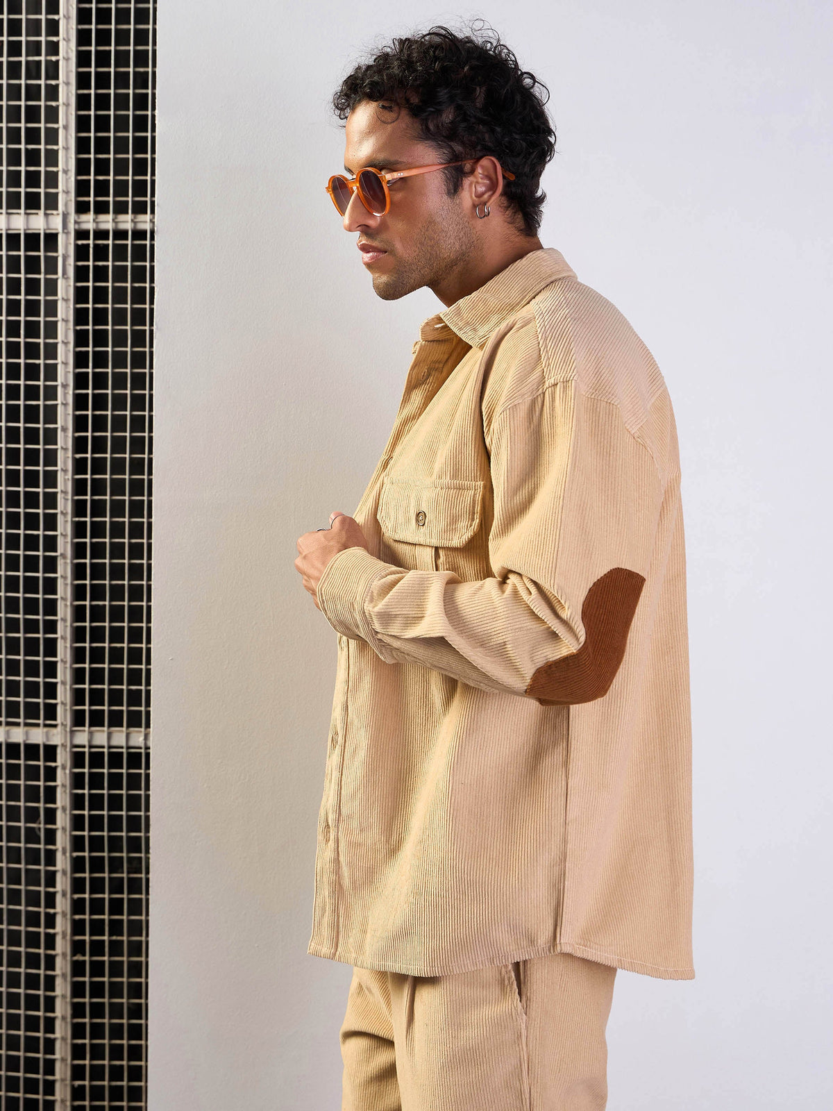 Beige Corduroy Elbow Patch Oversize Shirt-MASCLN SASSAFRAS