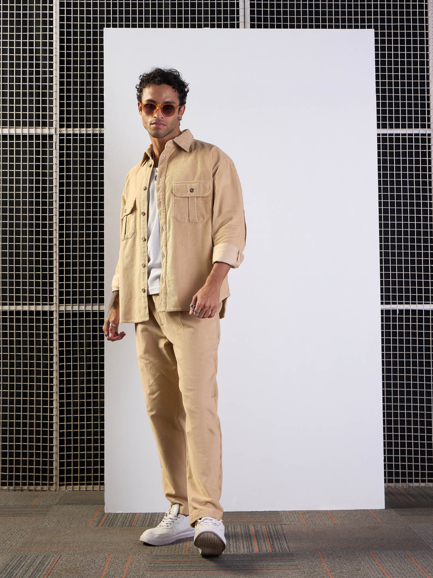 Beige Corduroy Elbow Patch Oversize Shirt-MASCLN SASSAFRAS