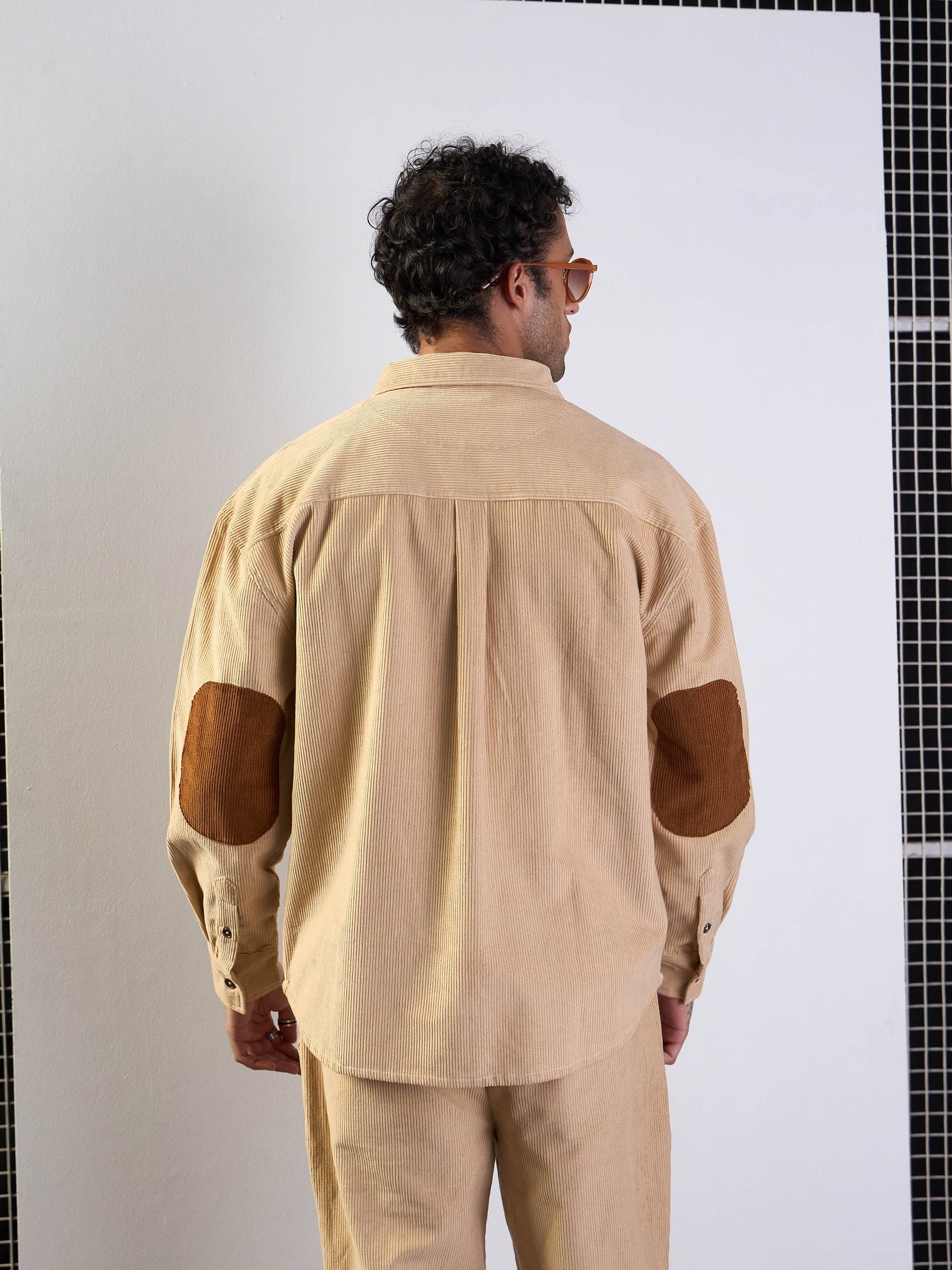 Beige Corduroy Elbow Patch Oversize Shirt-MASCLN SASSAFRAS