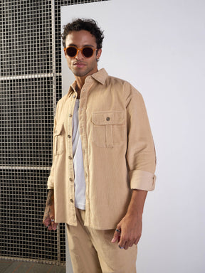 Beige Corduroy Elbow Patch Oversize Shirt-MASCLN SASSAFRAS