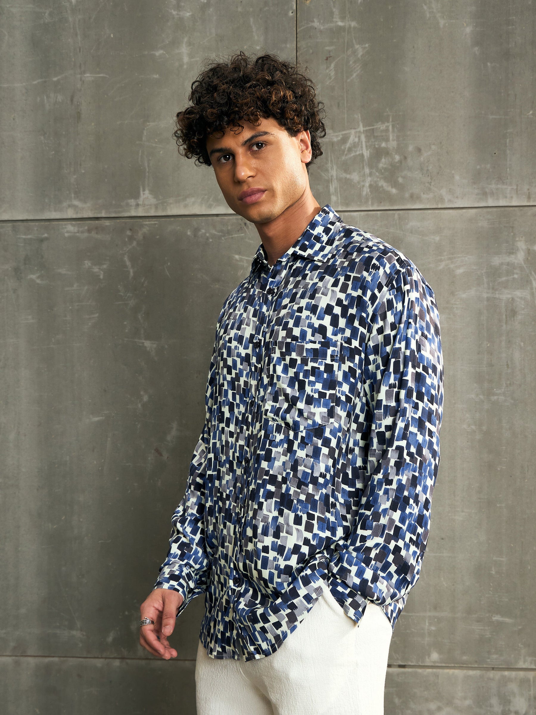 Blue & Navy Conversational Print Relax Fit Shirt-MASCLN SASSAFRAS