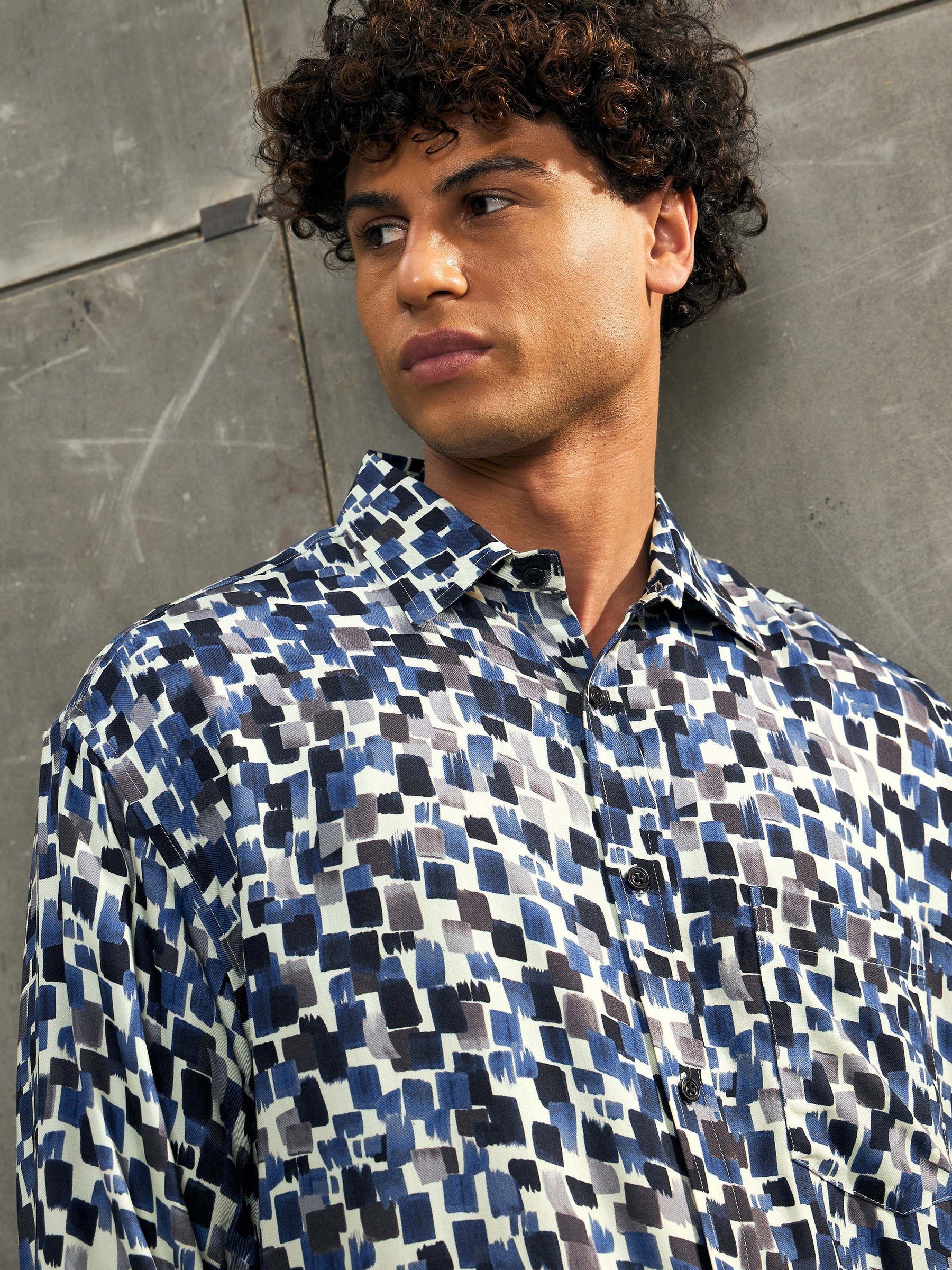 Blue & Navy Conversational Print Relax Fit Shirt-MASCLN SASSAFRAS