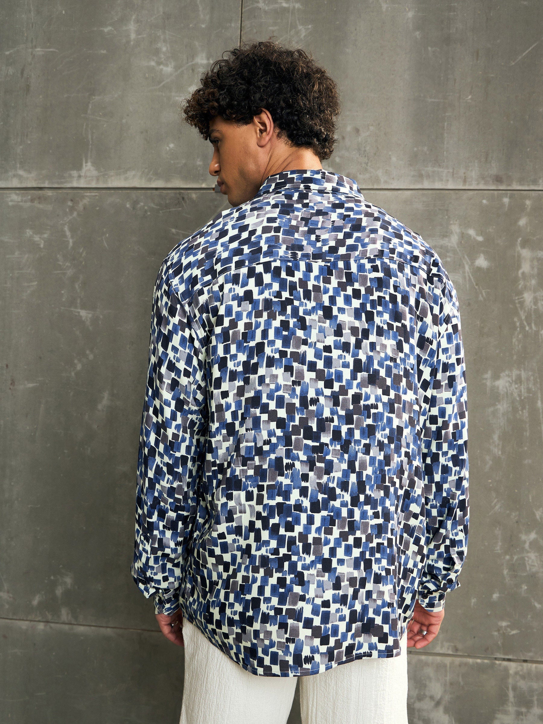 Blue & Navy Conversational Print Relax Fit Shirt-MASCLN SASSAFRAS