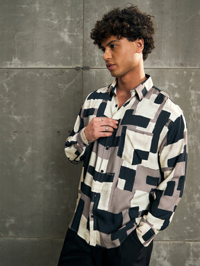 Beige & Black Abstract Print Relax Fit Shirt-MASCLN SASSAFRAS