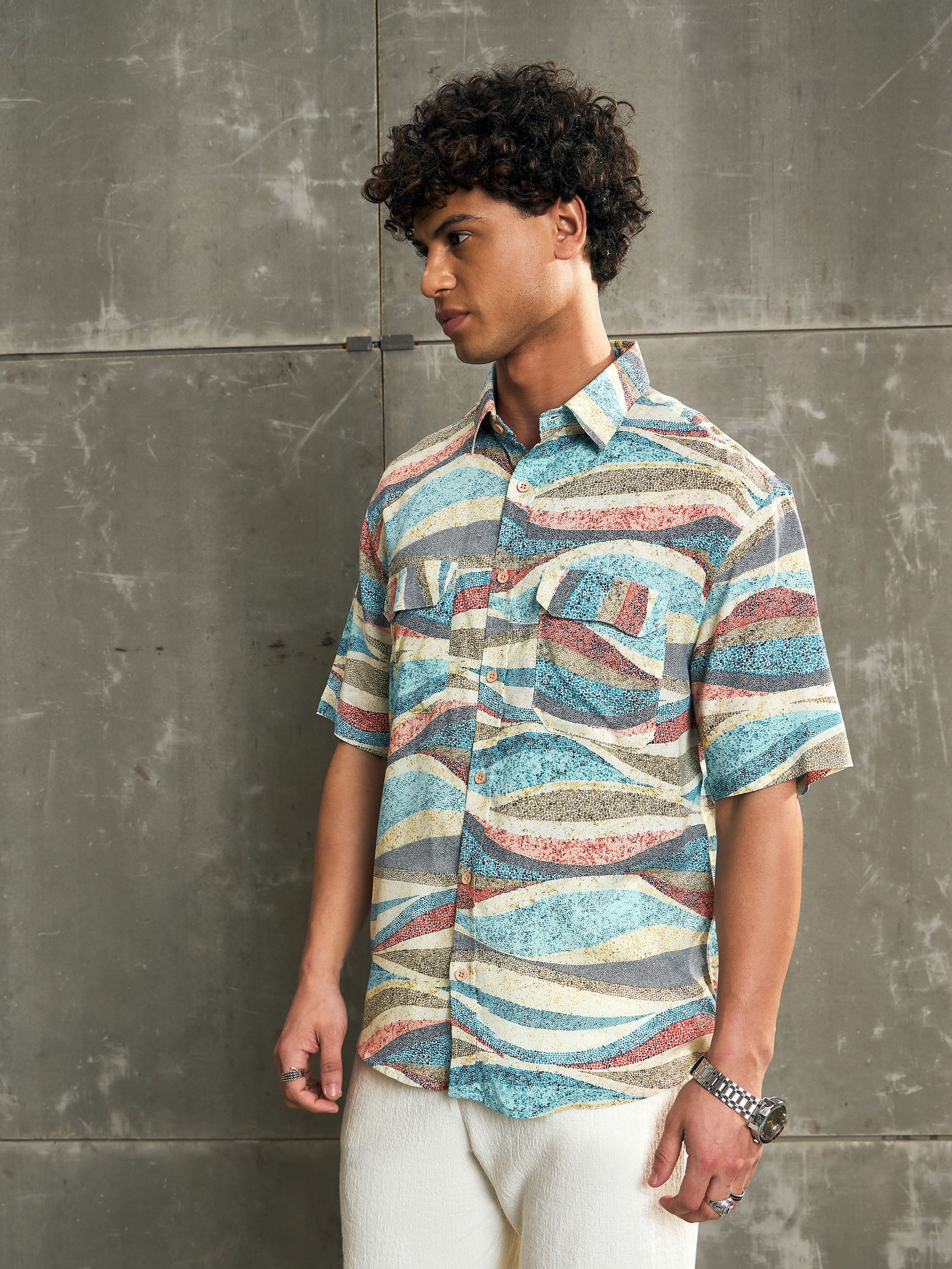 Blue Abstract Print Short Sleeve Relax Fit Shirt-MASCLN SASSAFRAS