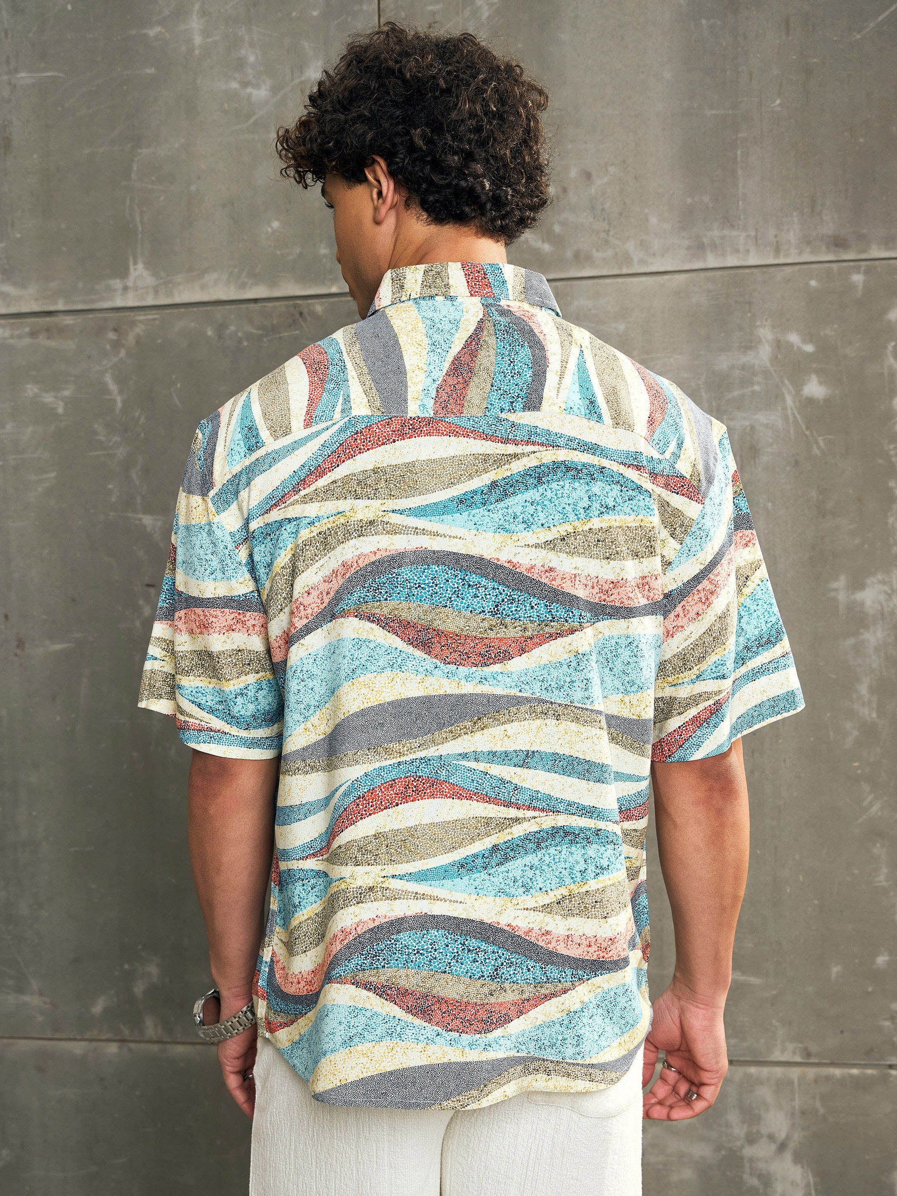 Blue Abstract Print Short Sleeve Relax Fit Shirt-MASCLN SASSAFRAS