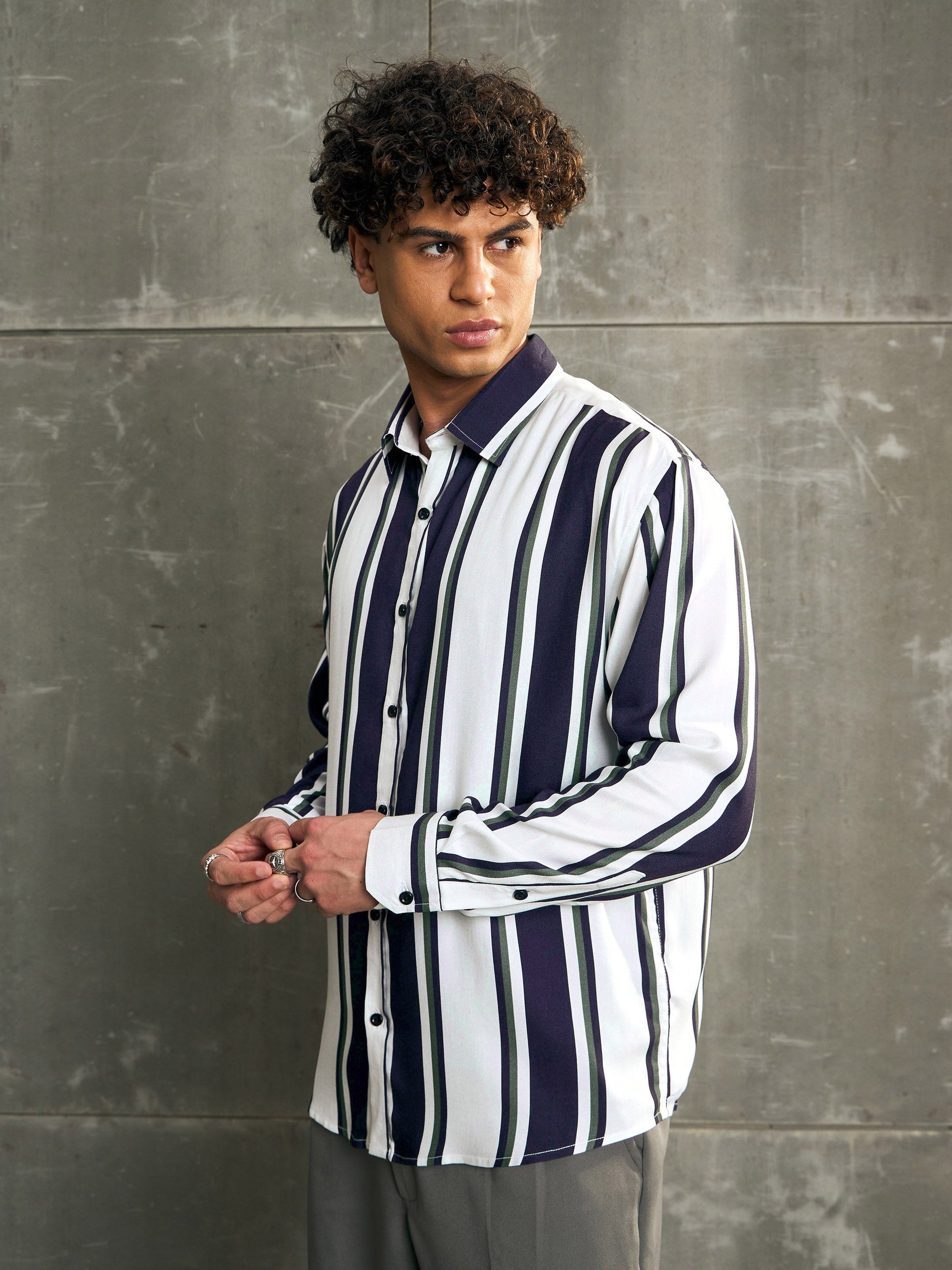 White & Navy Blue Stripes Relax Fit Shirt-MASCLN SASSAFRAS