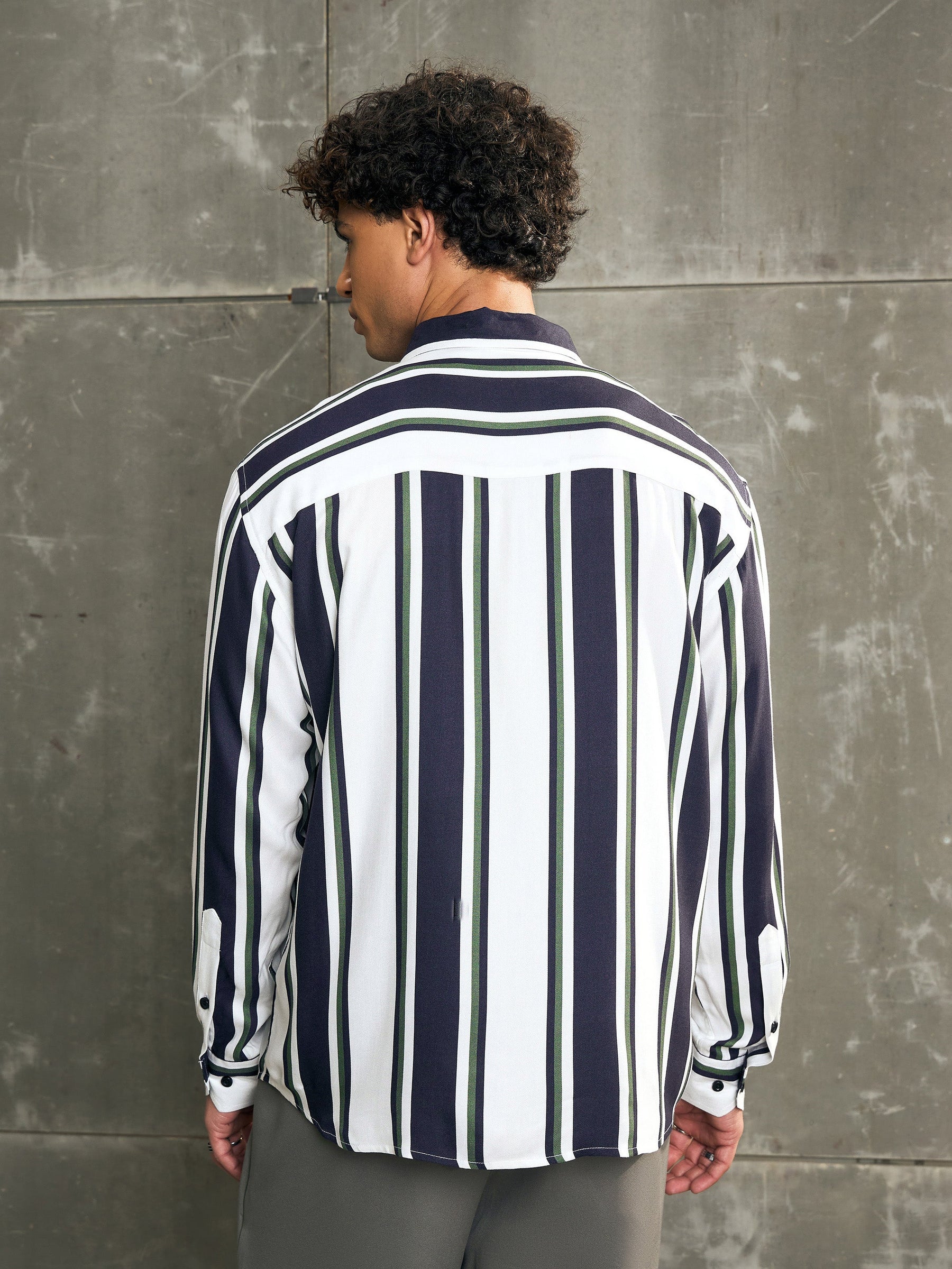 White & Navy Blue Stripes Relax Fit Shirt-MASCLN SASSAFRAS