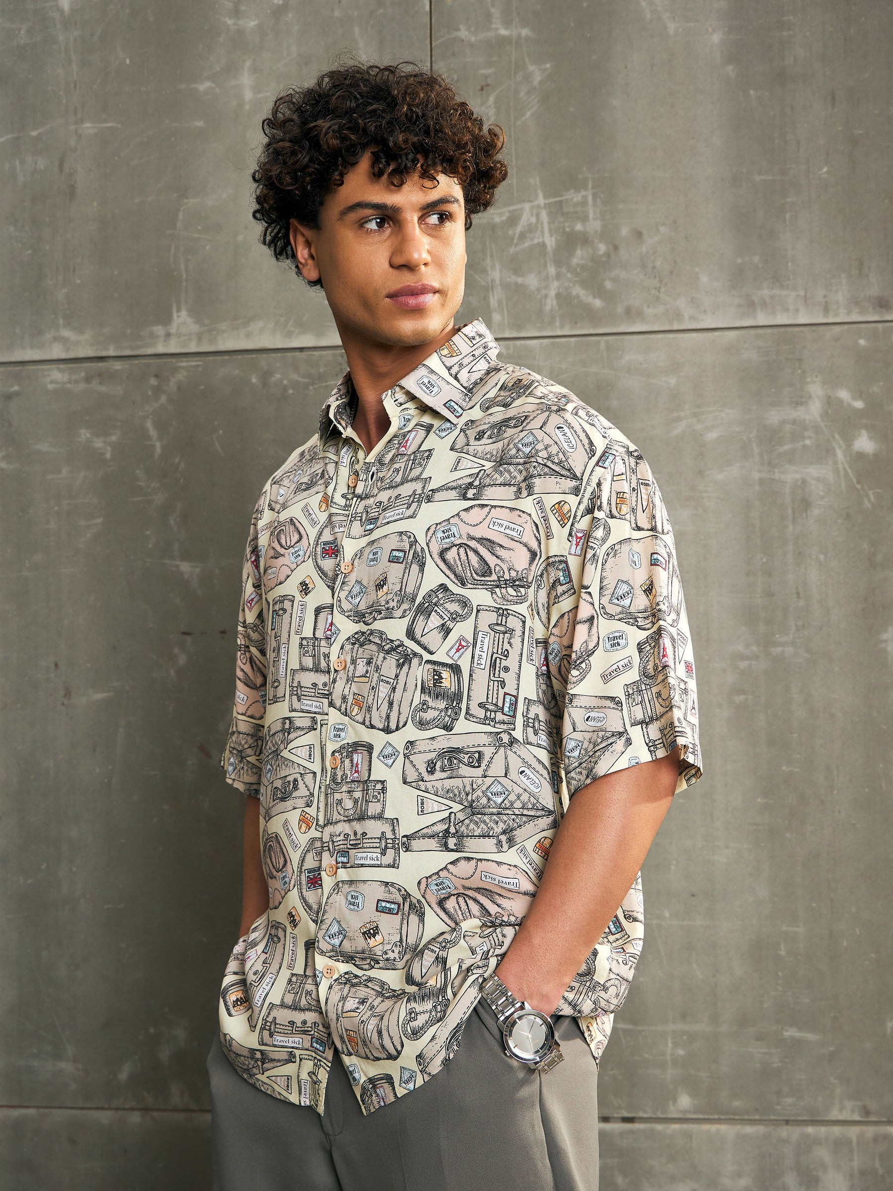 Beige Conversational Print Relax Fit Shirt-MASCLN SASSAFRAS