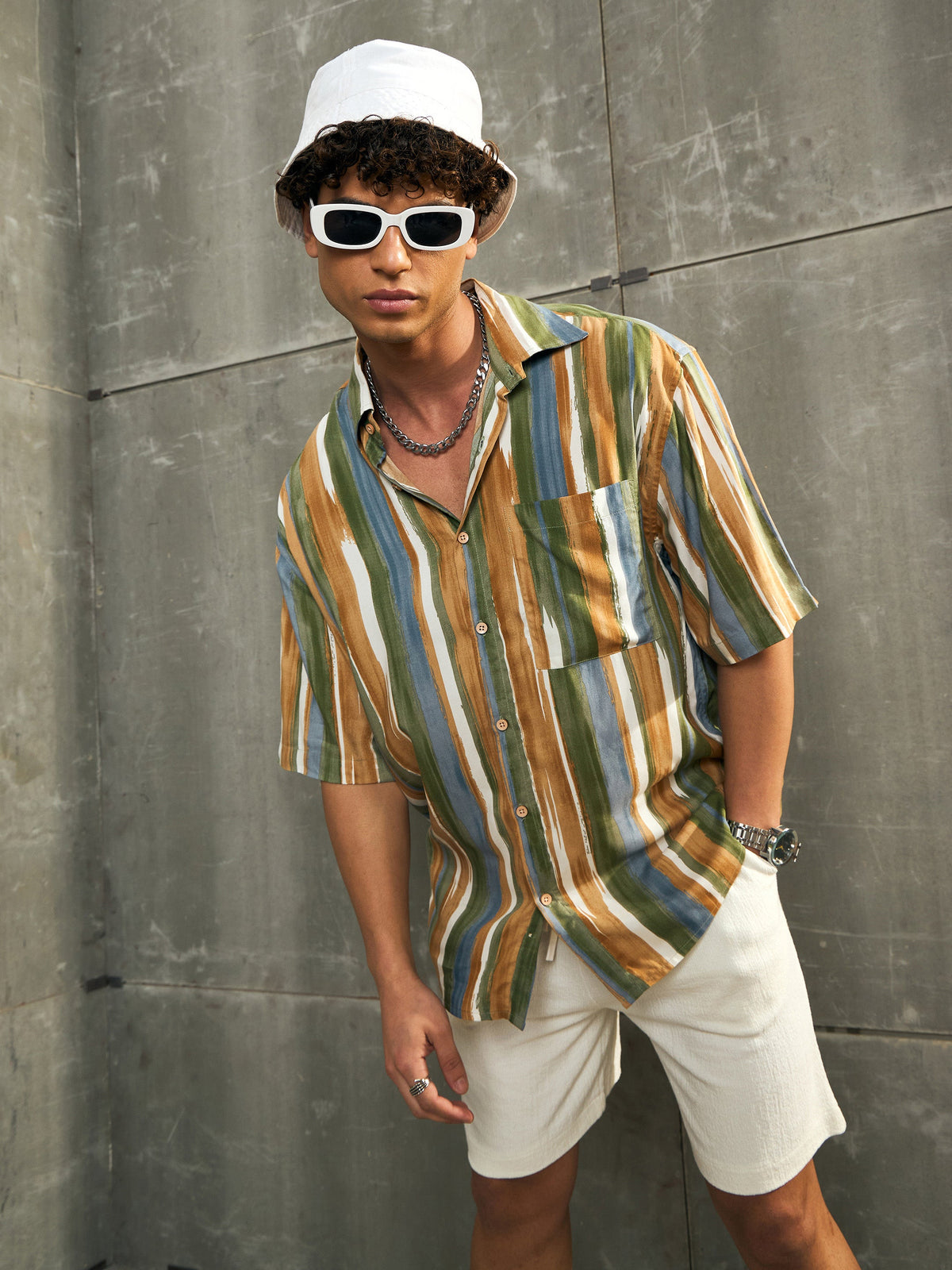 Brown & Green Stripe Paint Relax Fit Shirt-MASCLN SASSAFRAS