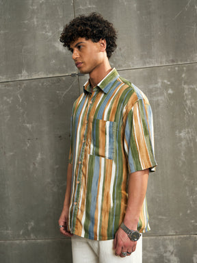 Brown & Green Stripe Paint Relax Fit Shirt-MASCLN SASSAFRAS