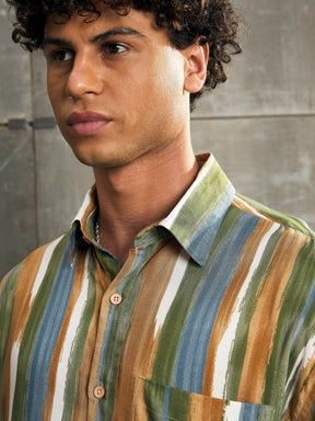 Brown & Green Stripe Paint Relax Fit Shirt-MASCLN SASSAFRAS