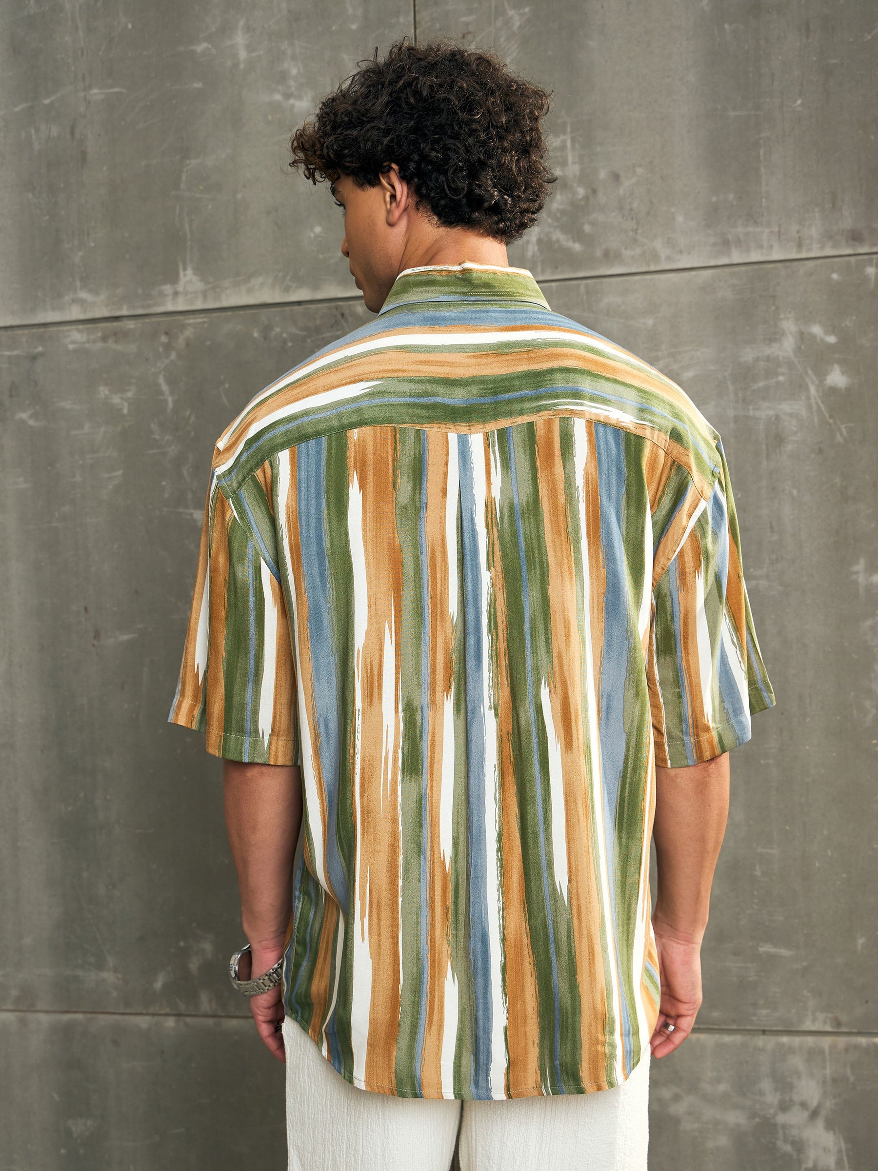 Brown & Green Stripe Paint Relax Fit Shirt-MASCLN SASSAFRAS