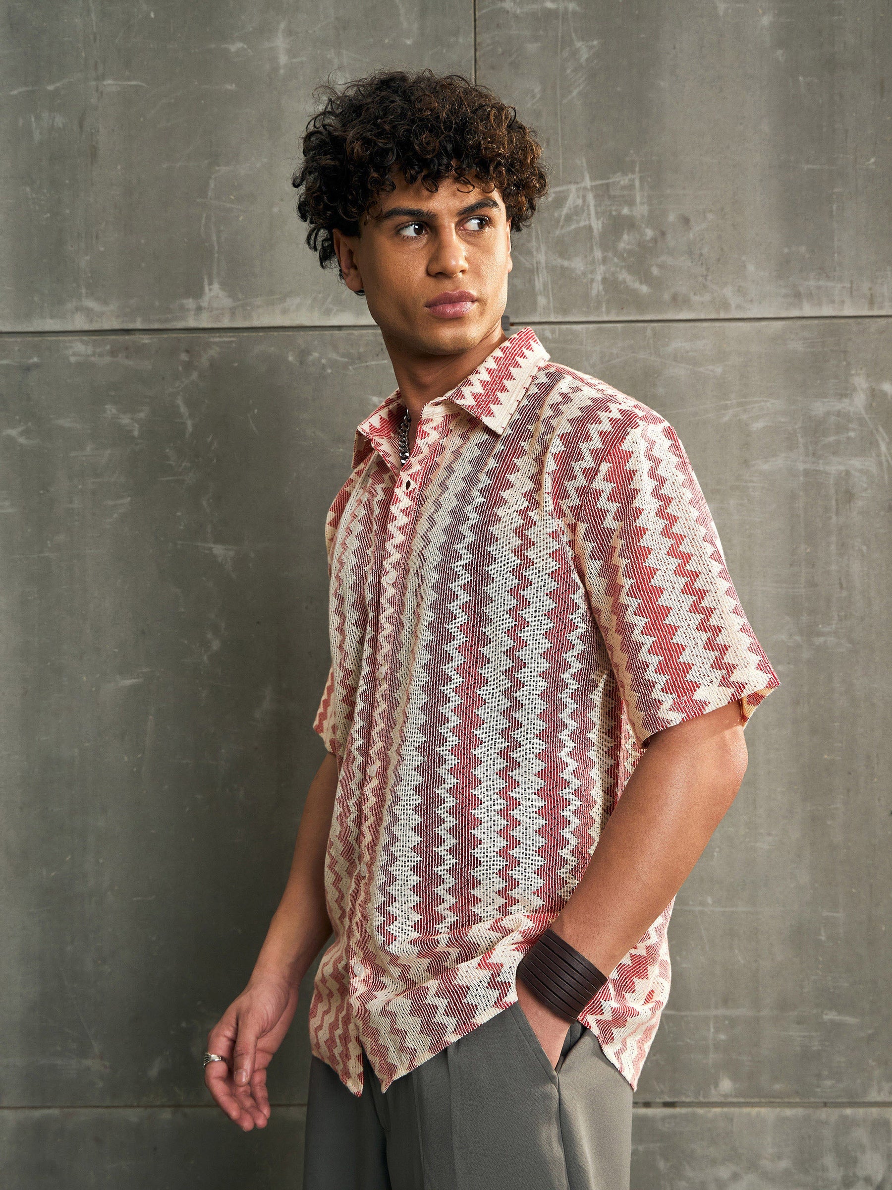 Beige & Red Geometric Printed Relax Fit Shirt-MASCLN SASSAFRAS