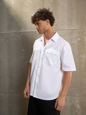 White Poplin Front Pocket Relax Fit Shirt-MASCLN SASSAFRAS