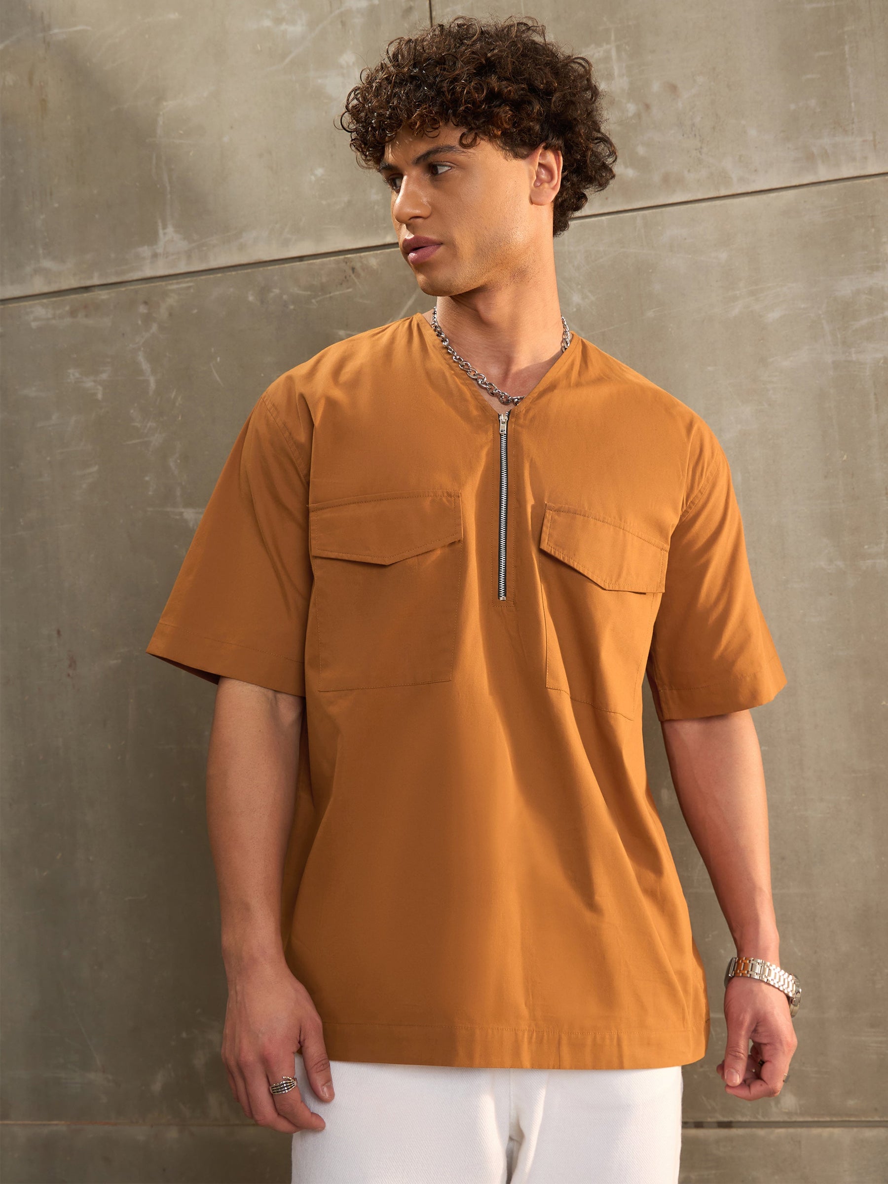 Brown Poplin Front Zipper Relax Fit Shirt-MASCLN SASSAFRAS