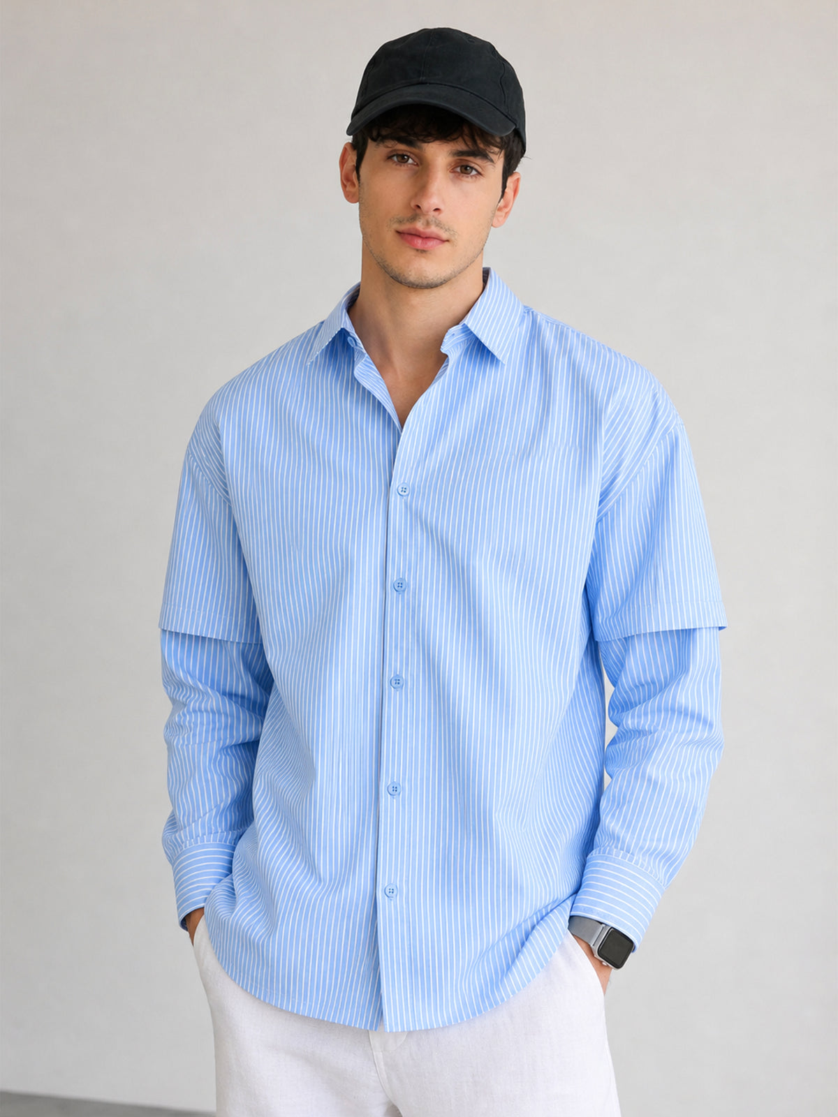 Men Blue & White Stripes Overlap Sleeve Relax Fit Shirt