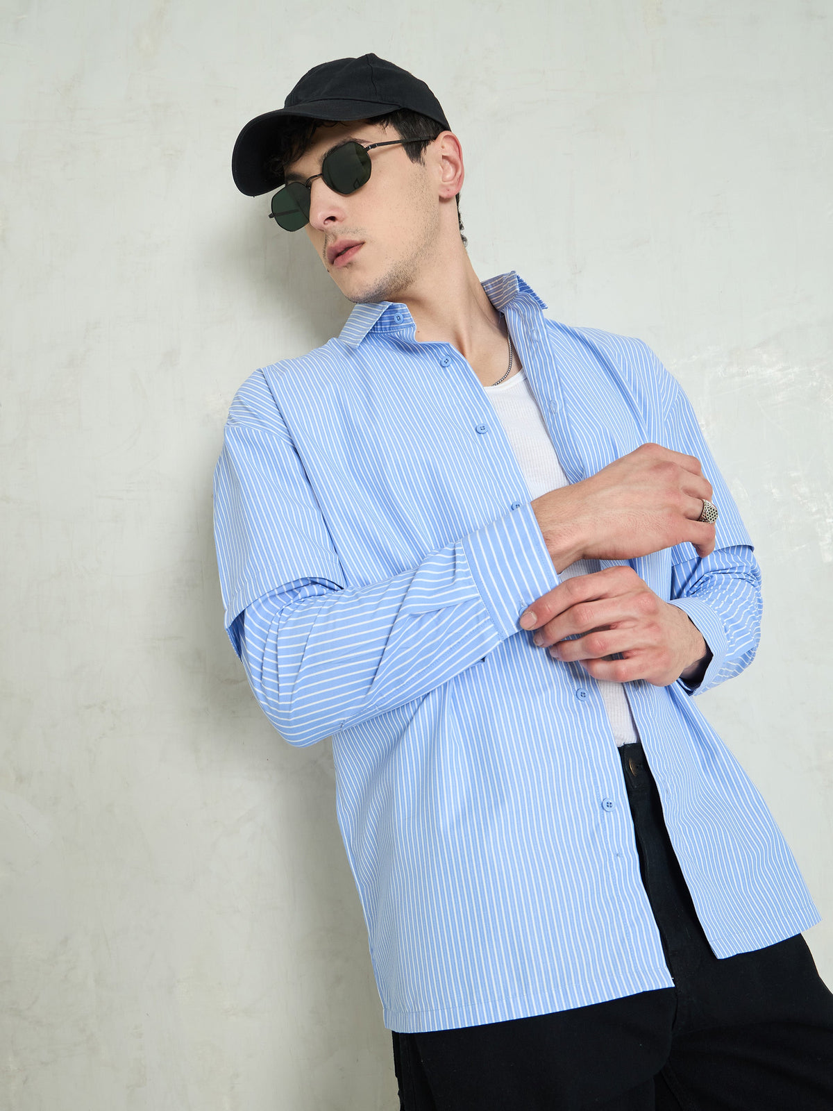 Blue & White Stripes Overlap Sleeve Relax Fit Shirt-MASCLN SASSAFRAS