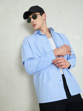 Blue & White Stripes Overlap Sleeve Relax Fit Shirt-MASCLN SASSAFRAS