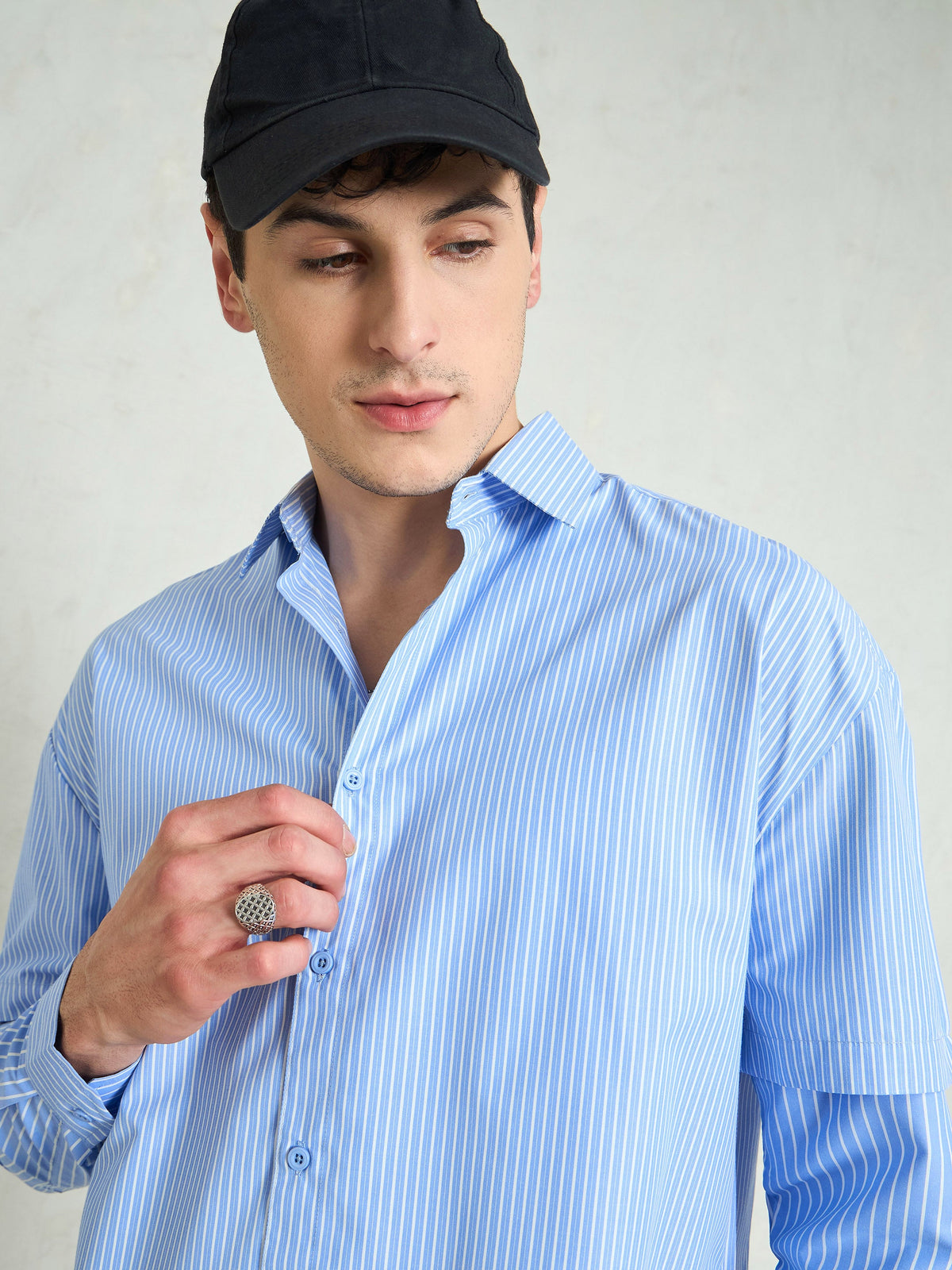 Blue & White Stripes Overlap Sleeve Relax Fit Shirt-MASCLN SASSAFRAS