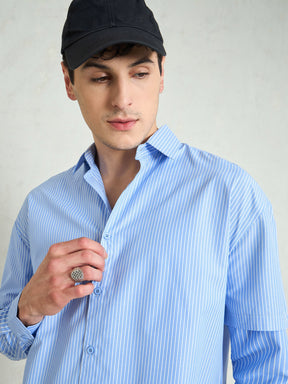 Blue & White Stripes Overlap Sleeve Relax Fit Shirt-MASCLN SASSAFRAS