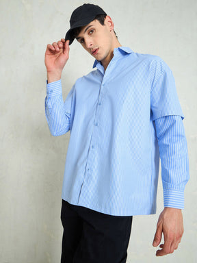 Blue & White Stripes Overlap Sleeve Relax Fit Shirt-MASCLN SASSAFRAS
