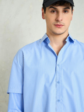 Blue & White Stripes Overlap Sleeve Relax Fit Shirt-MASCLN SASSAFRAS