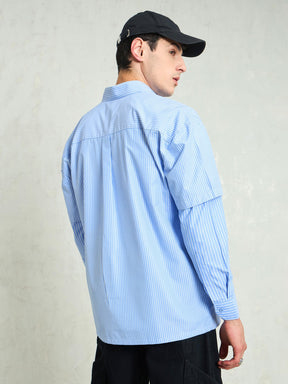 Blue & White Stripes Overlap Sleeve Relax Fit Shirt-MASCLN SASSAFRAS