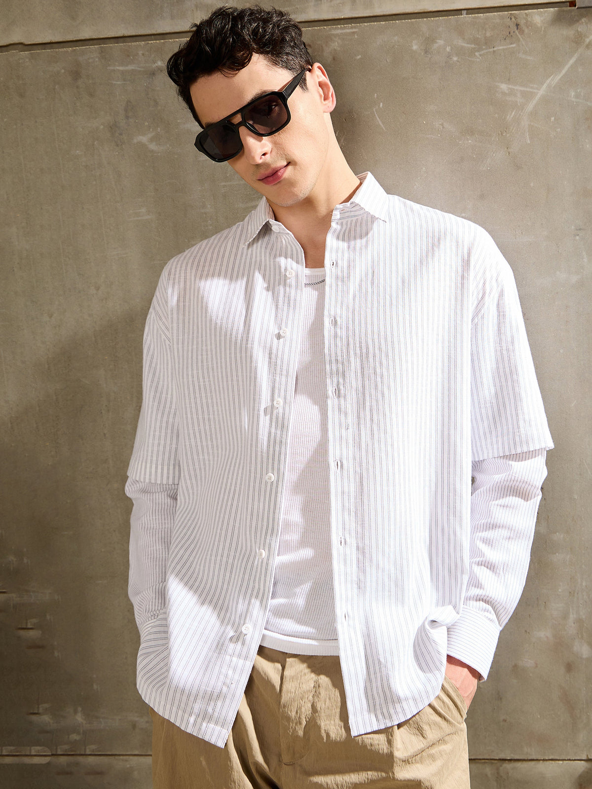 White & Grey Stripes Overlap Sleeve Relax Fit Shirt-MASCLN SASSAFRAS