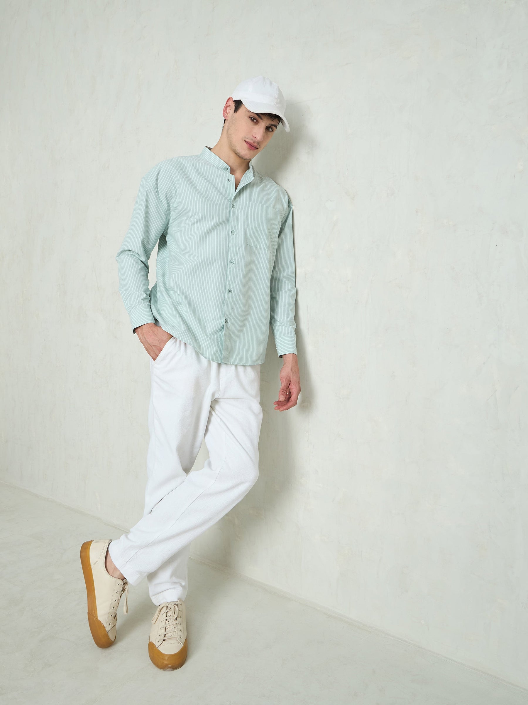 Green & White Stripes Mandarin Collar Relax Fit Shirt-MASCLN SASSAFRAS