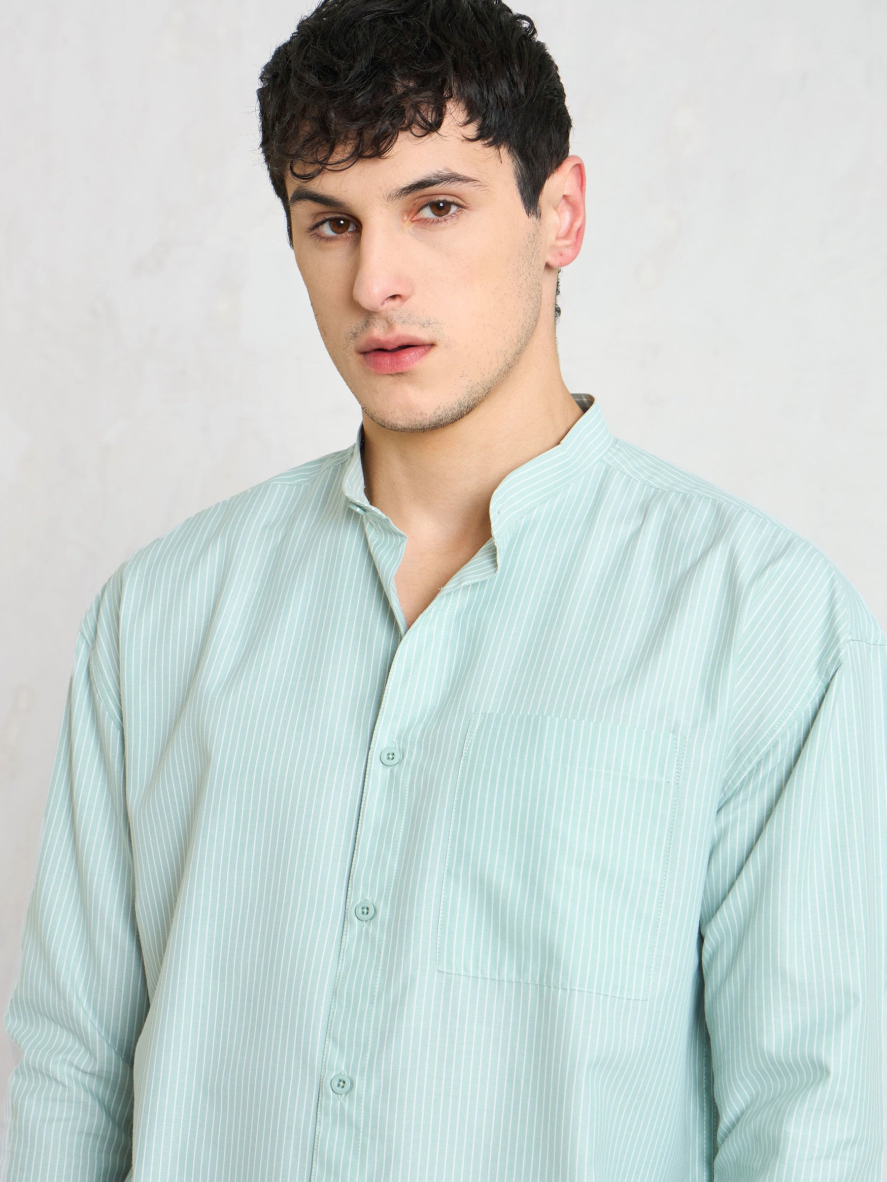 Green & White Stripes Mandarin Collar Relax Fit Shirt-MASCLN SASSAFRAS
