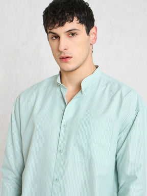 Green & White Stripes Mandarin Collar Relax Fit Shirt-MASCLN SASSAFRAS
