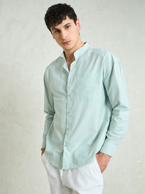 Green & White Stripes Mandarin Collar Relax Fit Shirt-MASCLN SASSAFRAS