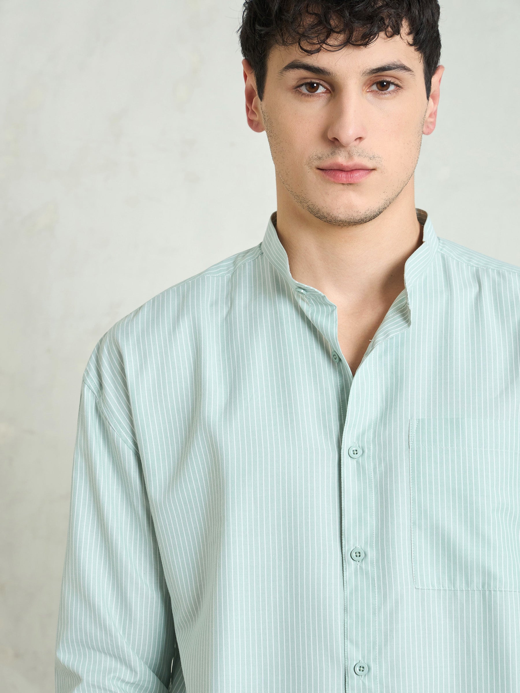 Green & White Stripes Mandarin Collar Relax Fit Shirt-MASCLN SASSAFRAS