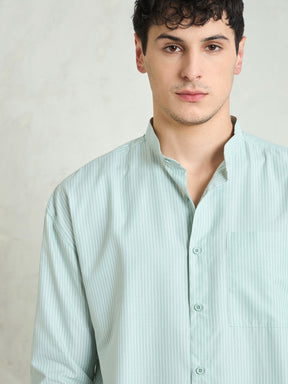 Green & White Stripes Mandarin Collar Relax Fit Shirt-MASCLN SASSAFRAS