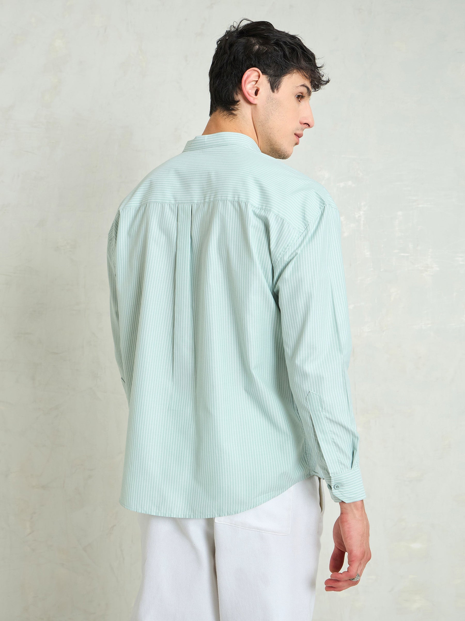 Green & White Stripes Mandarin Collar Relax Fit Shirt-MASCLN SASSAFRAS